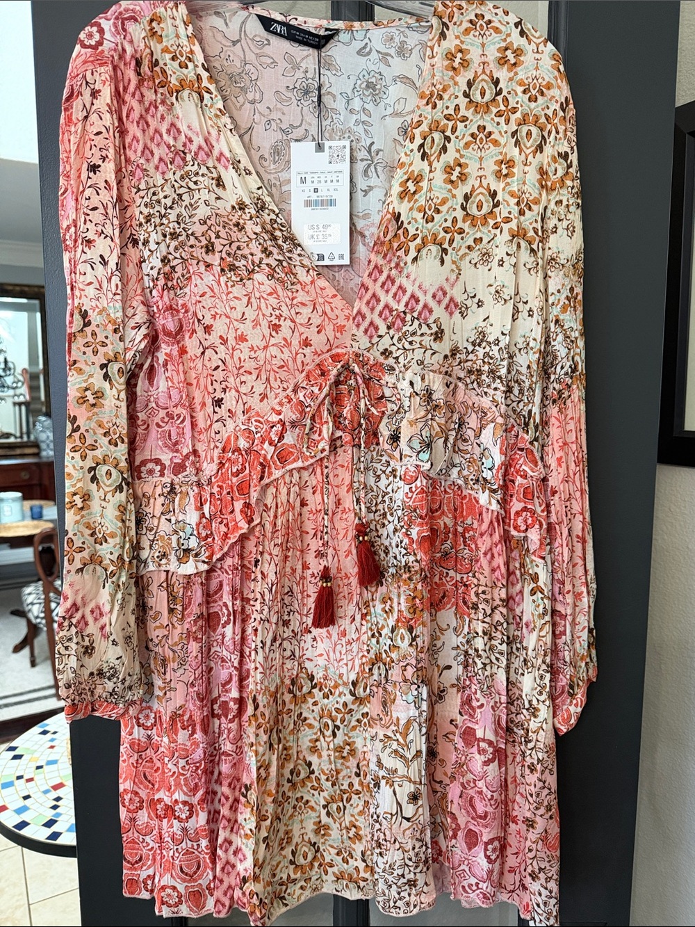 Zara Pink Cream Patchwork Floral V-Neck Long Sleeve Dress nwt medium